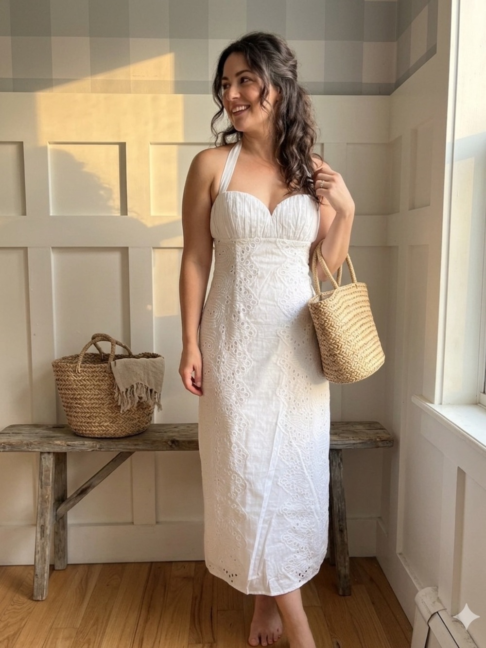 LPA White Eyelet Halter Maxi Dress Medium